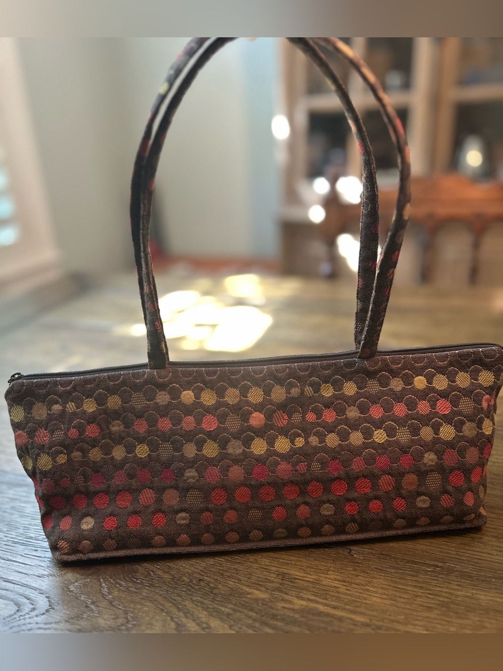 Maruca Handmade in Colorado Millie Lu bag! Brown with colorful dots